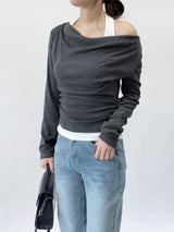 Getz Halterneck Shirred Drape Contrast Long Sleeve T-shirt