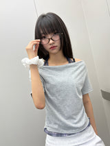 チェック ホルター オフショルダー セミクロップドTシャツ - 3カラー