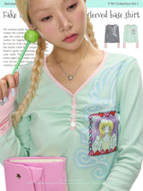 BETWEENAND Autumn gray and pink striped lightweight fake two-piece long-sleeved striped T-shirt top