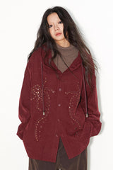 Hooded retro loose shoulder casual embroidered shirt