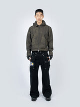 Curved Hood Leather Jacket (Khaki Black)