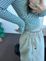 フリース❤サイドシャーリングストライプクロッピードロングスリーブTシャツ 🧸🤎🩶🩵3カラー
