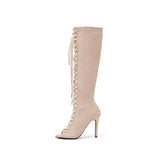 Suede Lace-Up Open Toe Boots Heel(Beige)