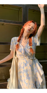 French flower shirring wrap dress