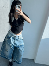 スリムUネックスナップクロップショートスリーブフード🖤🩶🤍 - 3カラーズ
