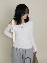 (Napping T-shirt) Euren One Shoulder Ribbon Tie Long-Sleeved Warmer T-Shirt