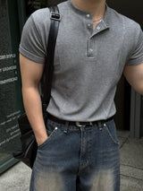 Front cut line henry-neck short sleeve t-shirt