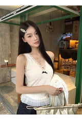 ベストレースVネックフリルスリーブレスTシャツ