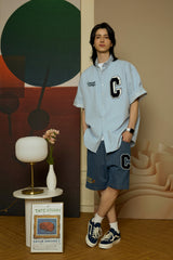 Navy C Patch Light Blue Denim short-sleeved Shirt [Unisex]