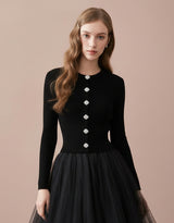 Amelia Jewel Button Rib Knit Cardigan Black