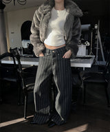 [Unisex] ストライプバックストラップワイドパンツ