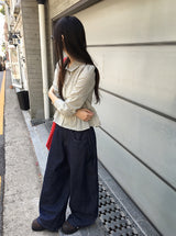 マルーンサイドボタンワイドデニムパンツ