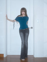 Meow Summer draping shrring Boat neck Top
