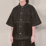 reverse terry pocket denim shortsleeve shirt_black