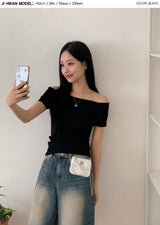 Off Shoulder Slim Rib Short Sleeve T-shirt (3color)