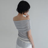 [Arid] Golgi Shirring Short Sleeve Off Shoulder Knit -4color