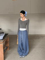 ブルーチェックワイドカジュアルパンツ