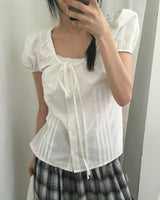 Roche Pintuck Ribbon Back Strap Button Blouse