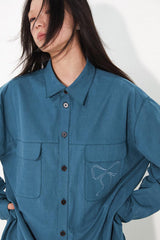 Solid color bowknot embroidered lapel design loose retro pocket shirt