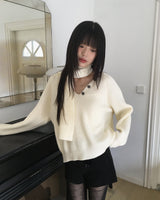 Seon Muffler Two-Way Button V-Neck Knit