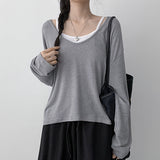 U-neck long-sleeve T-shirt + tank top set, tank V-neck knit set (4 colors)