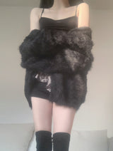 Katsumi Loose-Fit Fur Cardigan (Black)