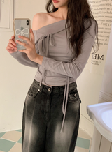 Ribbon Strap One Shoulder Slim T-Shirt (3color)