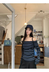 Stripe Slim Off-Shoulder Long-Sleeved Knit T-Shirt