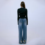 Distressed Wide Denim Pants (BLUE)