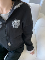 レストフローラルレースフリースフードジップアップ