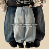 Jian Curve Slit Baggy Balloon Wide Denim Pants