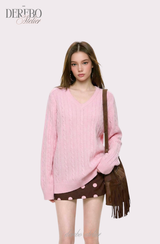 Baby Pink Twisted V-neck Loose Fit Knitwear