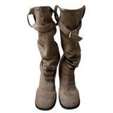 Rustle Buckle Strap Soft Slouch Suede Long Boots