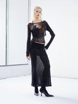 Emoha balloon portrait sub-print Tencel slightly transparent spicy slim top y2k design sense splicing 長袖メッシュT