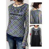 プリントフリルチェック長袖Tシャツ