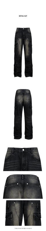 Semi Flare Washed Denim Pants_Black