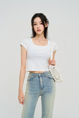 [U-BASIC] Poke Span Square Cap Sleeve T-Shirt