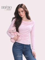 Flow lip shirring pink long-sleeve tee