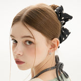 サテンドットダブルリボンヘアクリップ _ ブラック