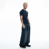 Lettering Wide Denim Pants - BLACK