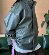 (UNISEX) LEATHER FAUX-LEATHER AUTUMN BOXY ルーズフィットフィールドジャケット – KHAKI