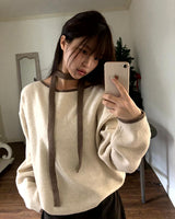Mebin Lip-Neck Color-Block One-Off-Shoulder Wool Long-Sleeve Knit
