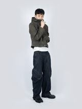 Curved Hood Leather Jacket (Khaki Black)
