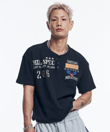 ミリタリーエンブレムヘンリーネッククロップドTシャツ - ブラック