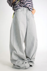 over wide gray pants