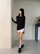 クメンレタリングリップネックスリムロングスリーブTシャツ