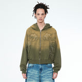 Applique Bleach Washing Crop Hoodie Zip Up Khaki