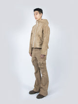 Curved Hood Leather Jacket (Beige)