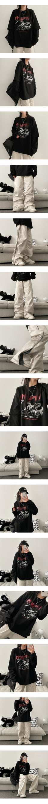 クラッシュ オーバーサイズ フィット カラー レイヤード ロング スリーブ Tシャツ