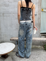 [SET UP가능] キッチスリットワイドデニムパンツ